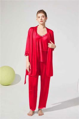 SET 3 Piese pijamale din satin, cu dantela, pantalon lung - Rosu