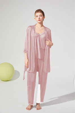 SET 3 Piese pijamale din satin, cu dantela, pantalon lung - Roz