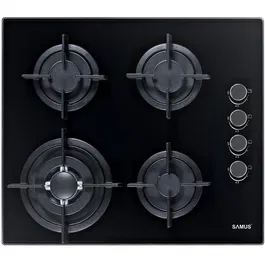 Plita Incorporabila Samus PSG-64SG6, 4 arzatoare, Latime 58 cm, Gratare din fonta individuale, Aprindere electrica, Sticla neagra