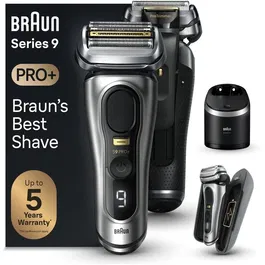 Aparat de ras electric Braun Series 9 PRO+ 9577cc, ProLift Trimmer, SensoFlex, AutoSense, Sonic Technology, 40.000 de actiuni de taiere, 5 elemente de taiere, Statie Smart Care 6-in-1, Trusa de voiaj cu functie de incarcare, Argintiu