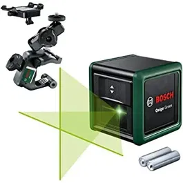 Nivela laser cu linii Bosch Quigo Green Gen2, 12 m domeniu lucru, 500-540 nm dioda laser, ±4° autonivelare, 85° unghi deschidere, ± 0.6 mm/m precizie, 1/4 filet stativ, 2 baterii 1.5 V LR03 (AAA), sistem de prindere universal MM2, adaptor montare
