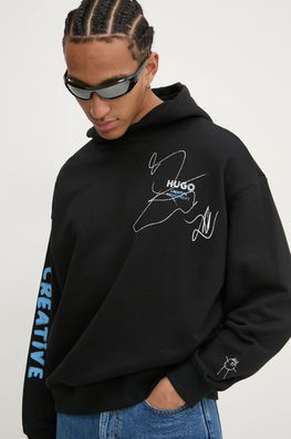 Hugo Blue Hanorac De Bumbac Barbati, Culoarea Negru, Cu Glugă, Cu Imprimeu, 50530436