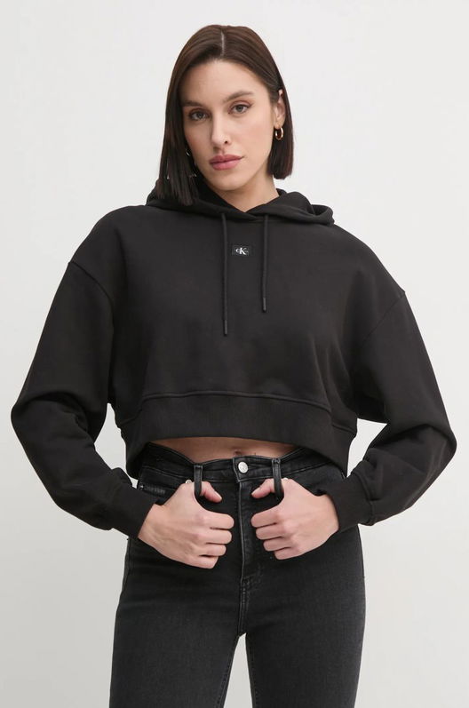 Calvin Klein Jeans Hanorac De Bumbac Femei, Culoarea Negru, Cu Glugă, Neted, J20J224746