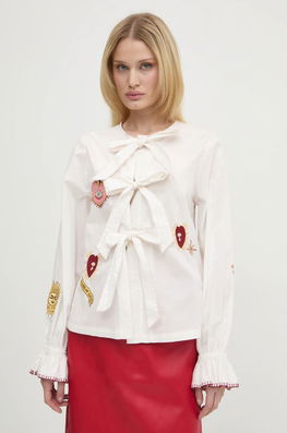 Never Fully Dressed Cămașă Din Bumbac EmbroideMystical Shirt Femei, Culoarea Alb, Cu Un Decolteu Legat, Regular Fit, NFDTO1364