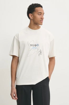 Hugo Blue Tricou Din Bumbac Barbati, Culoarea Bej, Cu Imprimeu, 50530441