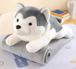Jucarie din plus cu patura inclusa, Catel Husky gri 45 cm