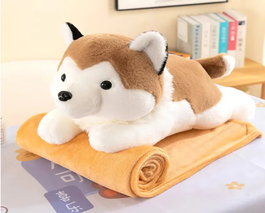 Jucarie din plus cu patura inclusa, Catel Husky maro 45 cm