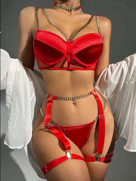 Lenjerie sexy rosie din 4 piese,cu portjartier si choker, cu sutien tip corset si lanturi aurii