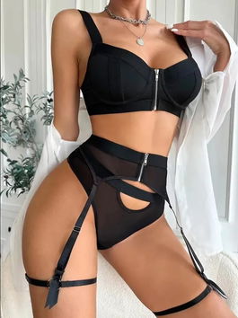 Set 3 piese Lenjerie sexy, cu portjartier si sutien tip corset cu fermoar - Negru