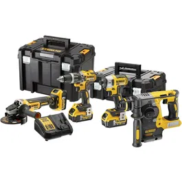 Set de 4 scule profesionale pe acumulator DeWALT DCK422P3T, 18 V, include: masina de gaurit DCD796, masina de insurubat cu impact DCF887, polizor DCG405, ciocan rotopercutor DCH273, 3x acumulator, incarcator rapid, cutii transport TSTAK DS150 + DS300