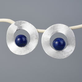 Cercei mari rotunzi argint cu lapis lazuli natural, dama, cercei eleganti, patrat/cerc, cercei pietre semipretioase naturale, argintiu, 5,68 gr
