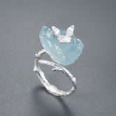 Inel argint reglabil, inele reglabile cu piatra naturala acvamarin si fluture argint sau argint placat cu aur, inele pietre semipretioase, argintiu/auriu, 6,99 gr