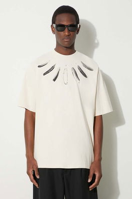 Marcelo Burlon Tricou Din Bumbac Collar Feathers Over Bărbați, Culoarea Bej, Cu Imprimeu, CMAA054S24JER0060C10