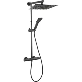 Set 2 in 1 Fresco NP76SQ-TBR7U-BL, baterie perete dus termostatata cu set bara dus cu suport culisant, dus fix si para dus mobila, 5 bar presiune maxima, negru
