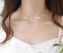 Lantisor finut cu perle naturale si trifoi sidef, argint 925, lungime reglabila, bijuterii elegante pentru femei, lant martisor cadou martie, argintiu, 3,88 gr