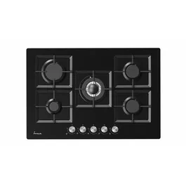 Plita incorporabila Fram FBH-M705IWF-GBK, Gaz, 5 arzatoare, Gratar fonta, Wok, Aprindere electrica, Dispozitiv de siguranta, 75 cm, Sticla neagra