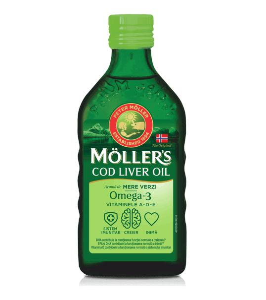 Ulei din ficat de cod cu aroma de mere verzi, 250ml, Moller`s