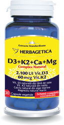 Complex Natural D3+K2+Ca, 30 capsule vegetale, Herbagetica