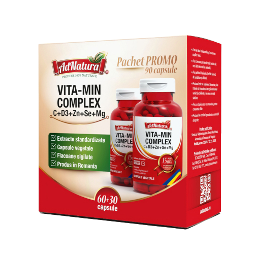 Pachet Complex VITA-MIN C+D3+Zn+Se+Mg, 60+30 capsule, AdNatura
