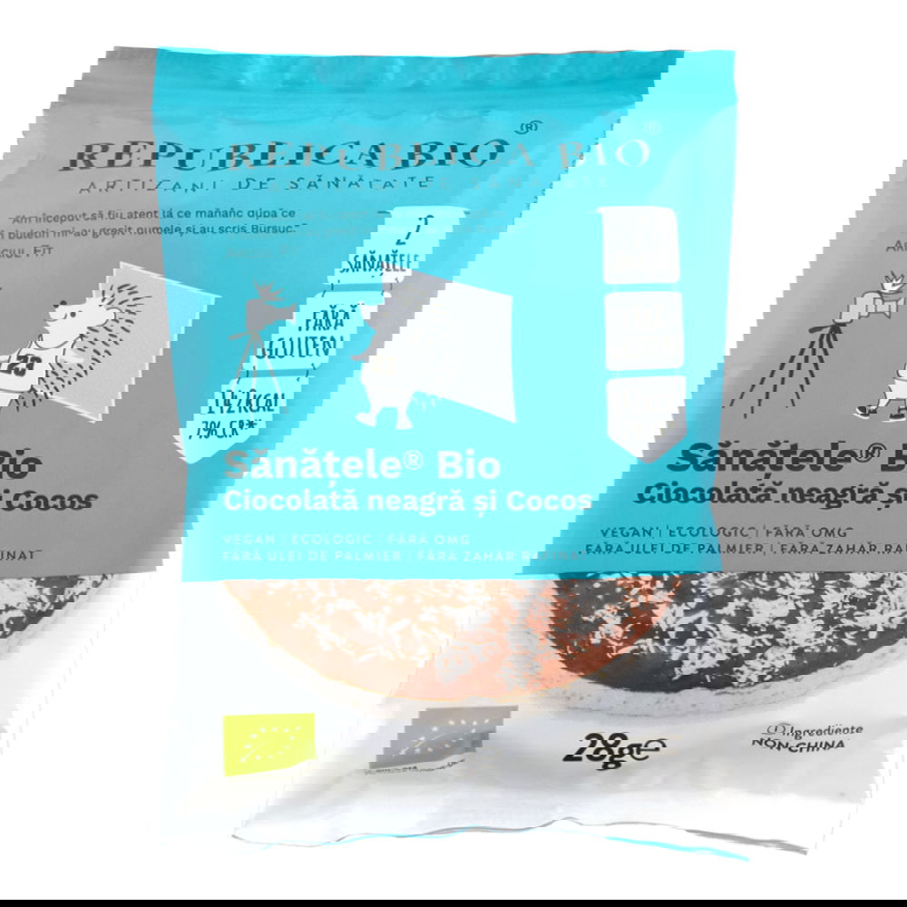 Sanatele bio cu ciocolata neagra si cocos ecologic fara gluten, 28g, Republica Bio