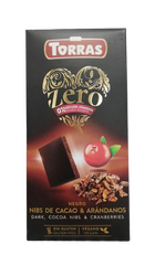 Ciocolata neagra cu merisoare fara zahar si gluten 52% cacao Zero, 125g, Torras