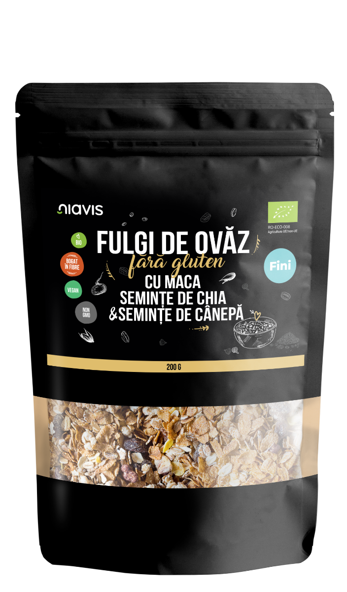 Fulgi de ovaz fini fara gluten cu maca, chia si seminte de canepa Eco, 200g, Niavis