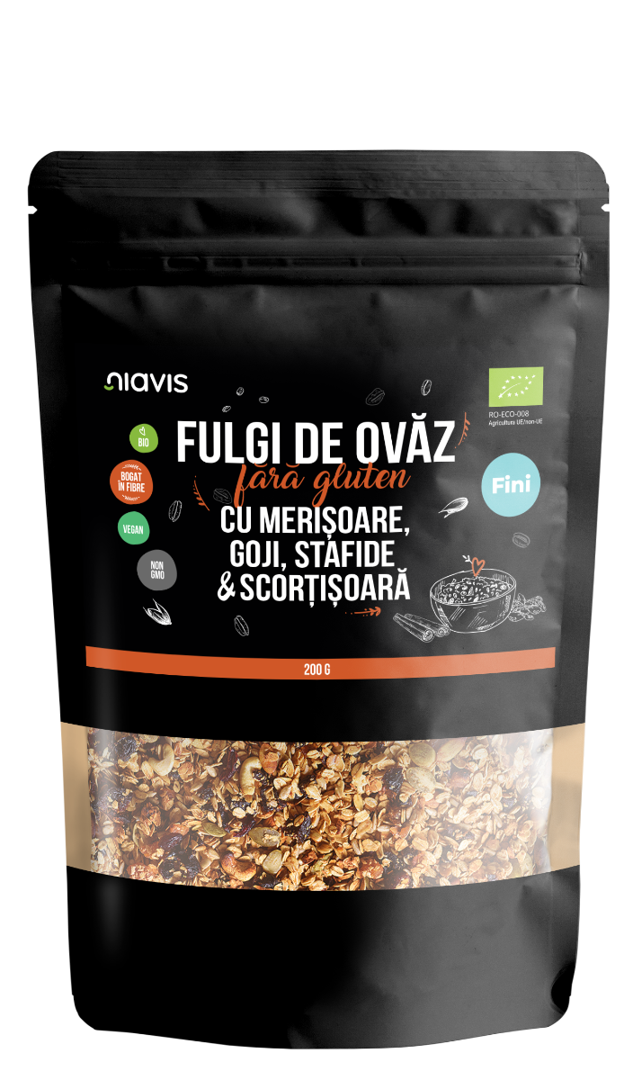 Fulgi de ovaz fini fara gluten cu merisoare, goji, stafide si scortisoara Eco, 200g, Niavis