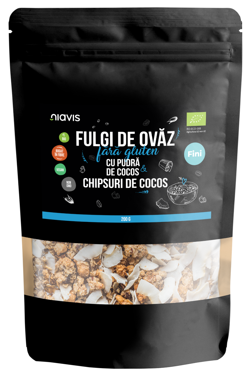 Fulgi de ovaz fini fara gluten cu pudra si chipsuri de cocos Eco, 200g, Niavis