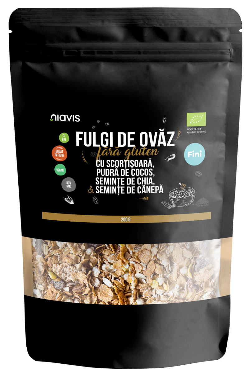 Fulgi de ovaz fini fara gluten cu scortisoara, cocos, chia si seminte de canepa Eco, 200g, Niavis