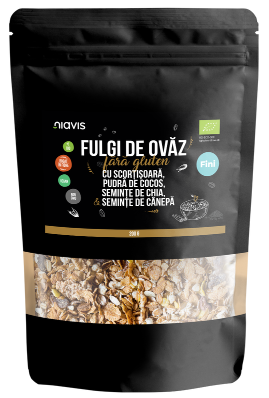 Fulgi de ovaz fini fara gluten cu scortisoara, cocos, chia si seminte de canepa Eco, 200g, Niavis