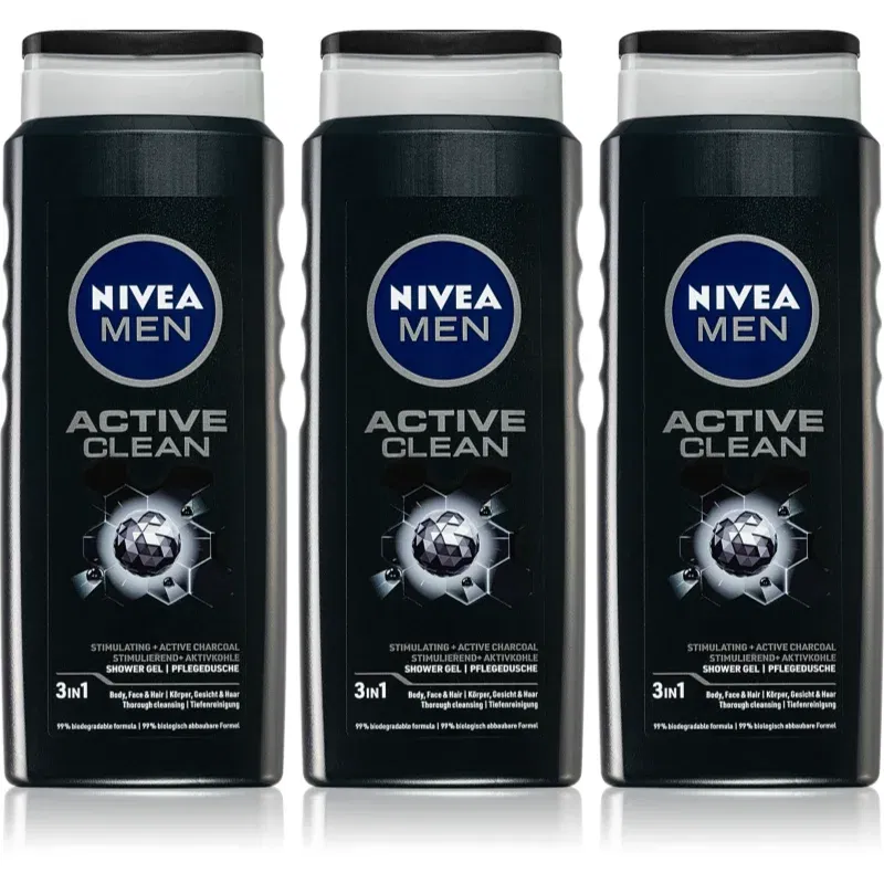 NIVEA MEN Active Clean Gel de duș pentru bărbați ambalaj economic 3 x 500 ml