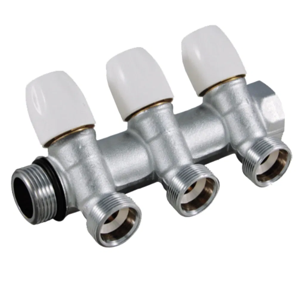 Colector liniar modular cu robineti Tiemme Maxima, tur de 3/4, alama, 3 cai, 16 bar, 1/2'' x 16 mm