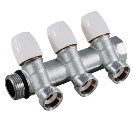 Colector liniar modular cu robineti Tiemme Maxima, tur de 3/4, alama, 3 cai, 16 bar, 1/2'' x 16 mm