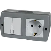 Ansamblu priza + intrerupator dublu Lohuis Octans, cu contact de protectie, IP44, alb/gri