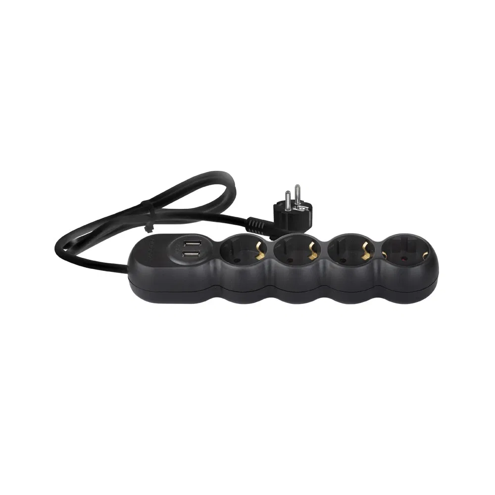 Prelungitor 4 prize Wconn, 3 x 1.5 mm2, IP20, protectie copii negru, 2 m