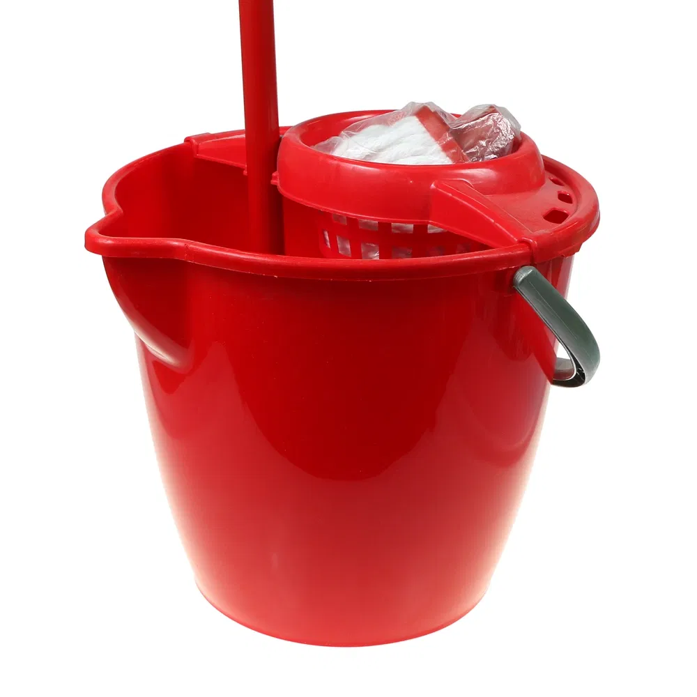 Galeata cu storcator, mop si coada, Plastina, plastic, rosu, 12 l