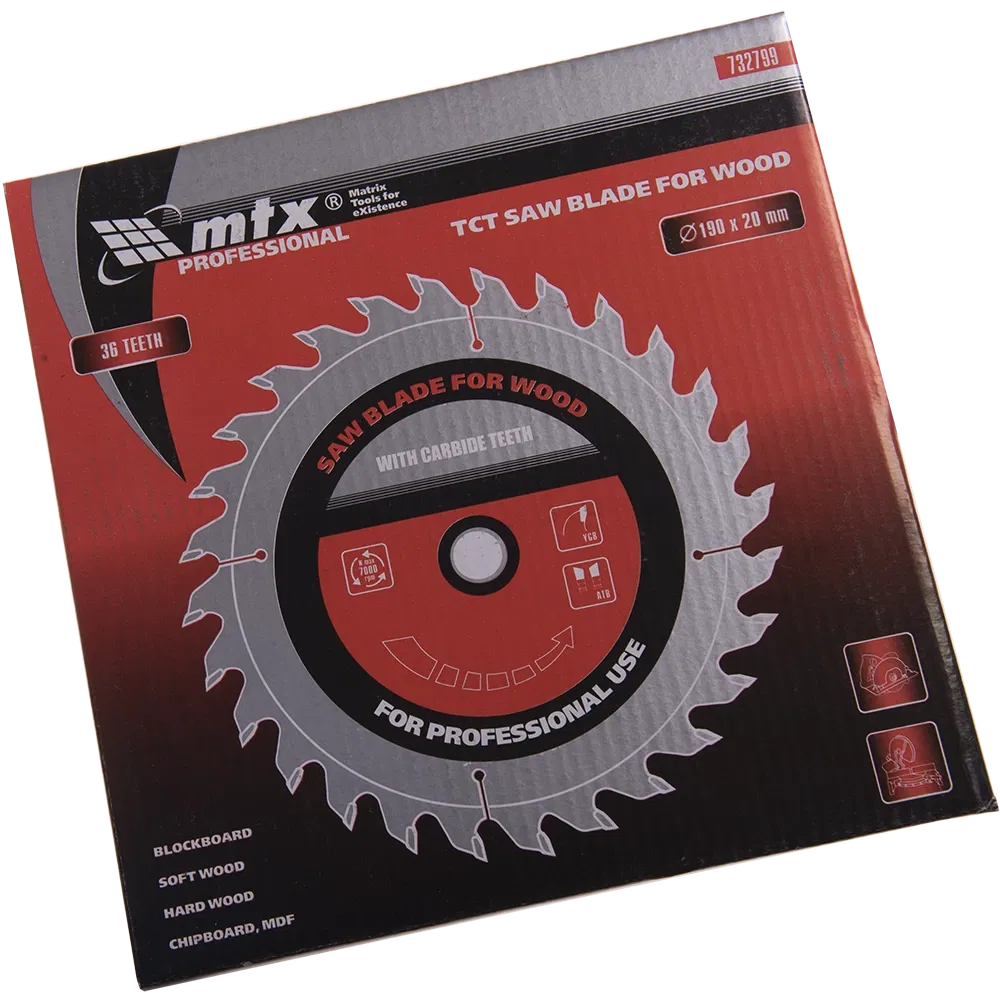 Disc debitare lemn, MTX, 190 х 20 mm, 36 dinti, bucsa 16/20