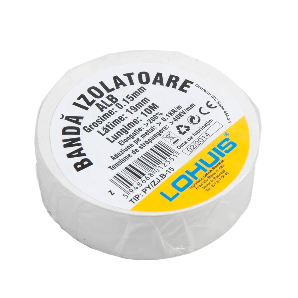Banda izolatoare electrica PVC Lohuis, alb, 19 mm, 40 g, rola 10 m