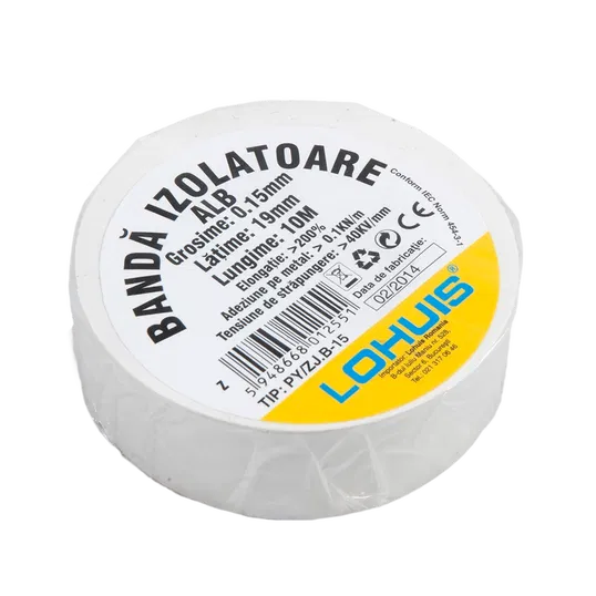 Banda izolatoare electrica PVC Lohuis, alb, 19 mm, 40 g, rola 10 m