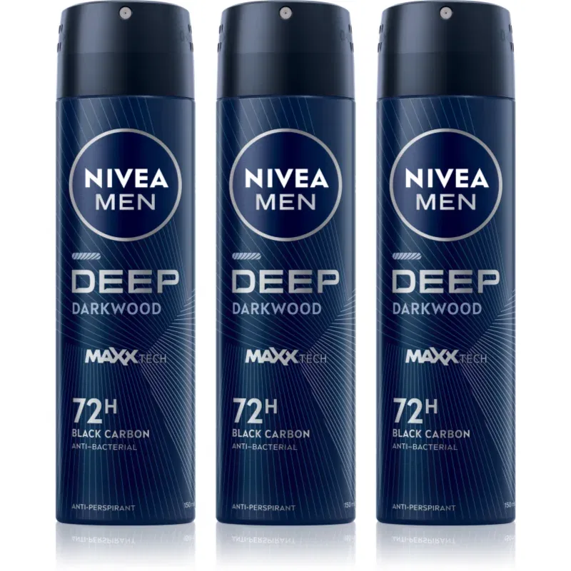 NIVEA MEN Deep Black Carbon Darkwood spray anti-perspirant ambalaj economic pentru bărbați 3 x 150 ml
