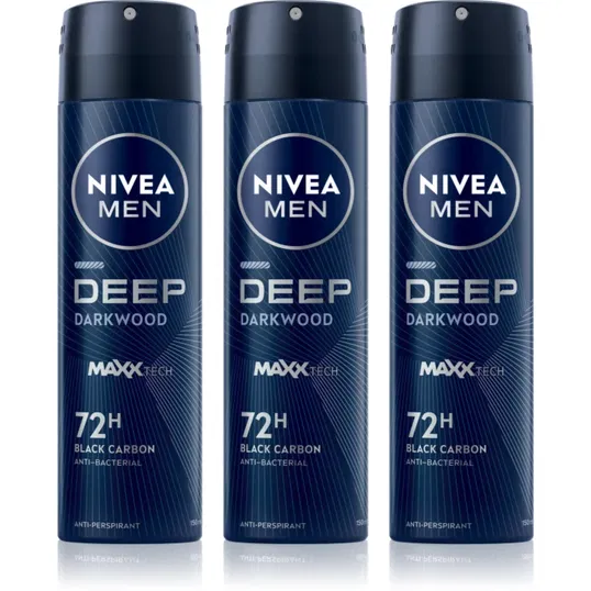 NIVEA MEN Deep Black Carbon Darkwood spray anti-perspirant ambalaj economic pentru bărbați 3 x 150 ml