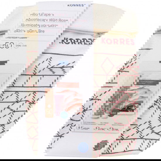 Pachet Crema iluminatoare SPF50 Red Grape 40ml + Crema-gel Wild Rose 20ml + Masca servetel Wild Rose 20ml, Korres
