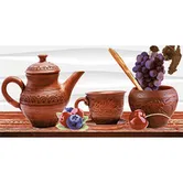 Faianta decorativa pentru bucatarie, finisaj lucios, multicolor, model ce imita vesela de bucatarie, 60 x 30 cm
