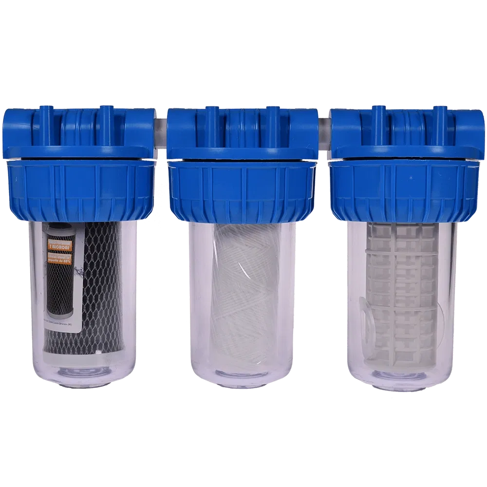 Filtru triplex de apa, carbune + polipropilena + sita, 7 cu 3/4 in linie