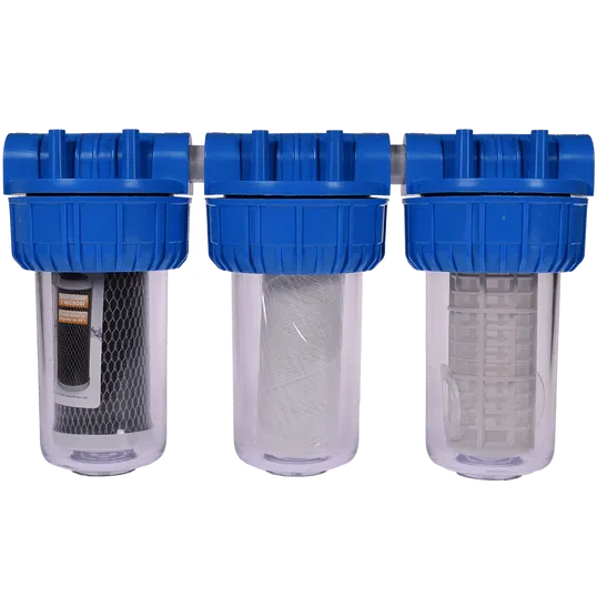 Filtru triplex de apa, carbune + polipropilena + sita, 7 cu 3/4 in linie