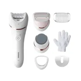 Epilator Wet&Dry Philips Seria 8000 BRE730/10, 7 Accesorii, 32 Pensete, Utilizare fara fir, 2 setari viteza, Opti-light, Discuri ceramice (Alb)