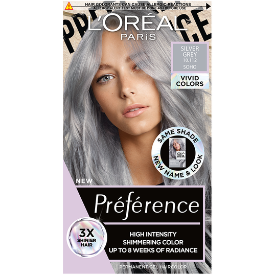 Vopsea de par permanenta cu amoniac Preference Vivid Colours 10.112 Silver Grey, 204ml, L`Oreal Paris