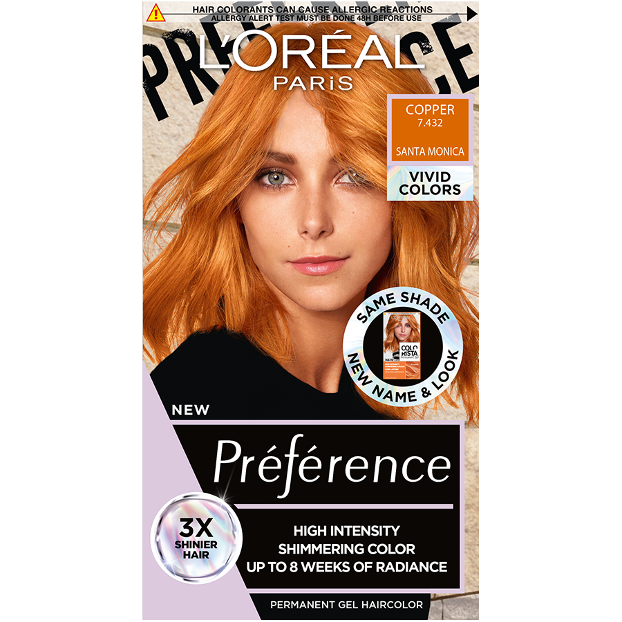 Vopsea de par permanenta cu amoniac Preference Vivid Colours 7.432 Copper, 204ml, L'Oreal Paris