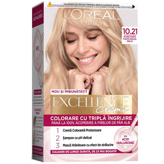 Vopsea de par permanenta Excellence Creme 10.21 Blond Foarte Deschis Perlat, 192ml, L`Oreal Paris