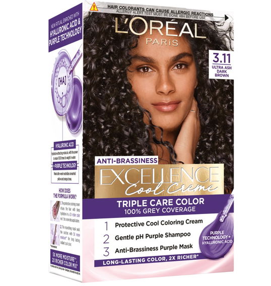 Vopsea de par permanenta Excellence Cool Creme 3.11 Saten Inchis Ultra-Cenusiu, 192ml, L`Oreal Paris